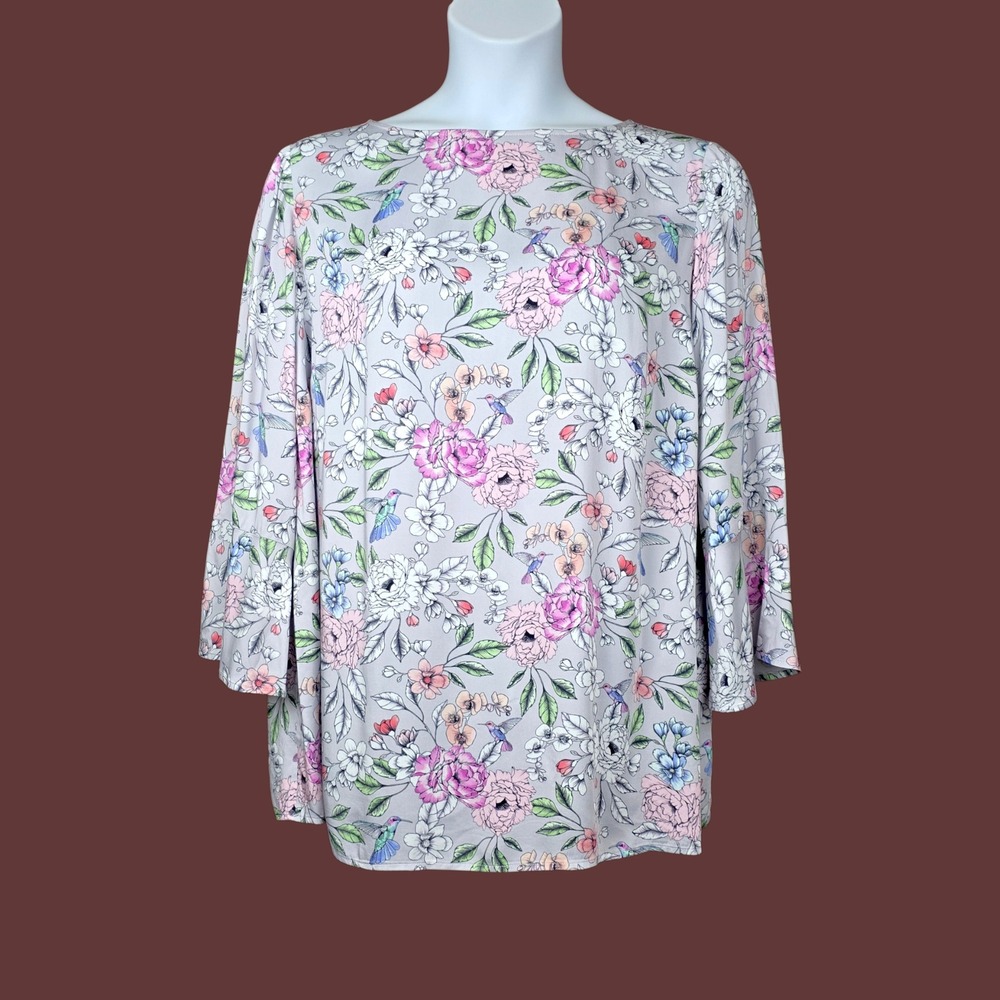 J.Jill Womens Bell Sleeve Grey Floral Hummingbird Print Blouse Size XL Tall NWT